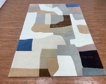 Modern Abstract Hand Tufted Wool Rug Neutral Geometric Area Rug for Living Room