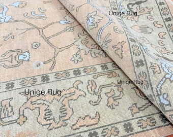 Large pink Vintage Turkish rug hand knotted wool area carpet with pastel Bohemain Oriental design for living room bedroom Oushak rug