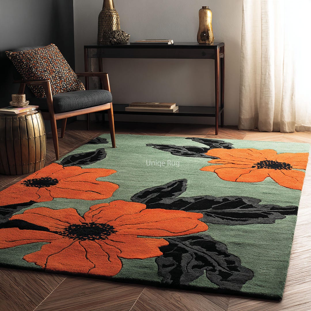 Hand Tufted Green Floral Wool Rug With Orange Flower Design – Modern ...