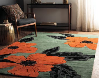 Alfombra de lana floral verde hecha a mano con diseño de flores naranjas: alfombra moderna hecha a mano para la sala de estar, el dormitorio y la decoración del hogar.
