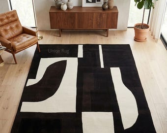 Black Off White Geometric Hand Tufted Wool Rug Modern Abstract Living Room Carpet Decor Rug