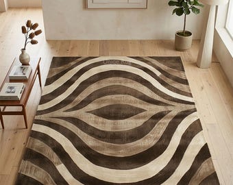 Brown Beige Abstract Wave Hand Tufted Wool Rug Modern Living Room Carpet Decor