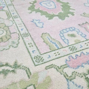 Light Pink Green Oushak Rug - Premium Wool, Hand Knotted, Modern Turkish Style, Customize Any Size, Soft Look 8x10 9x12 12x15 any Room