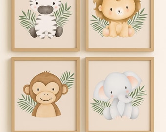 Safari Animals Poster Set for Children's Room | Set of 4 Wall Art | Lion, Zebra, Elephant & Monkey | Framed or Unframed | Baby Room Decor