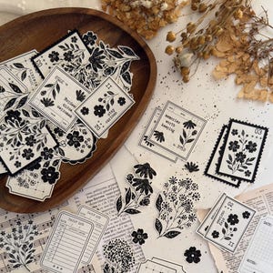 Tarjetas de diario con diseño floral negro - Papel decorativo botánico vintage, piezas troqueladas para álbumes de recortes, suministros para collages de agendas, 35 piezas