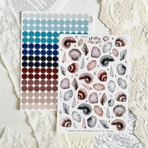 Stickers met schelpen en stippen met kleurverloop – Vintage oceaanthema, Bujo, decoratie voor in een dagboek | Stickers met oceaanleven