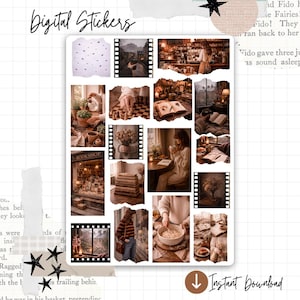 Può includere: Un foglio di adesivi digitali con un collage di immagini estetiche. Il foglio include immagini di una libreria, strisce di film e persone che leggono. Sono visibili anche le parole "Digital Stickers" e "Instant Download".