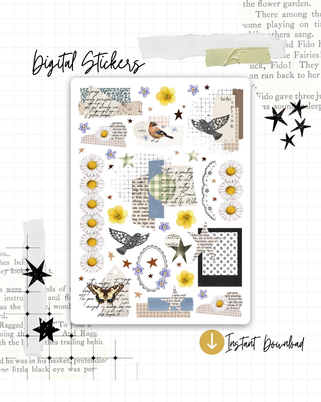Spring Collage Sticker Sheet – Vintage Botanical Paper Scraps | Birds ...