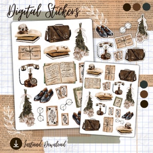 Puede incluir: Pegatinas digitales con ilustraciones de tem&aacute;tica vintage. Los dise&ntilde;os incluyen una calavera, libros, un malet&iacute;n, flores secas, un tel&eacute;fono rotatorio, naipes, gafas y zapatos. Las pegatinas son en tonos marr&oacute;n, beige y blanco.