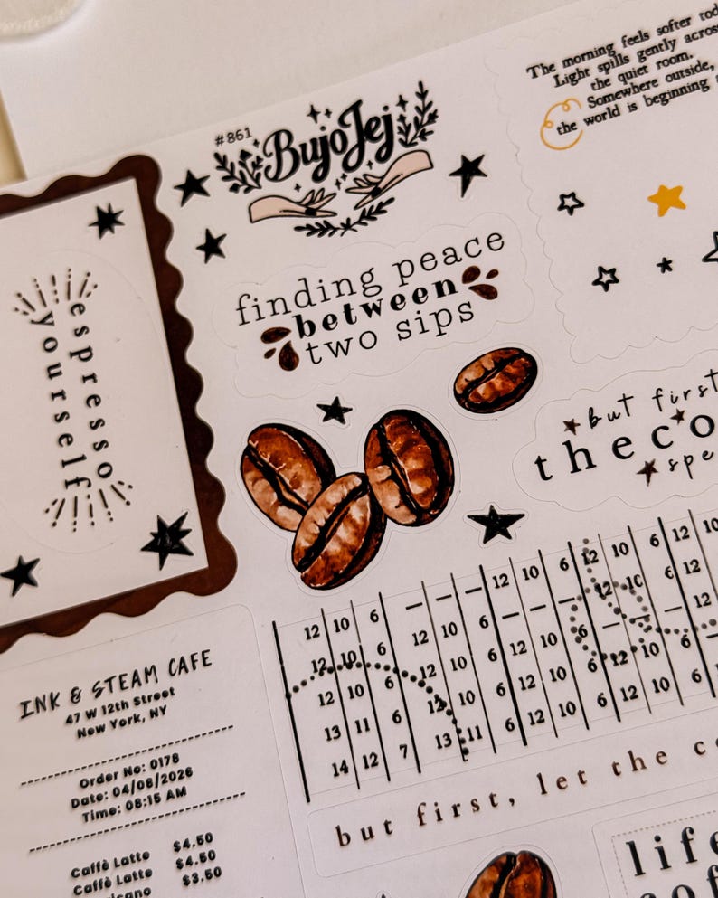 May include: A sheet of coffee-themed stickers with various designs. Includes coffee beans, stars, and phrases like "finding peace between two sips." The stickers are in shades of brown, black, and white.