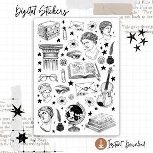 May include: A sheet of digital stickers with a vintage aesthetic. The black and white illustrations include books, classical busts, flowers, a globe, a violin, and stars. The words "Digital Stickers" and "Instant Download" are also present.