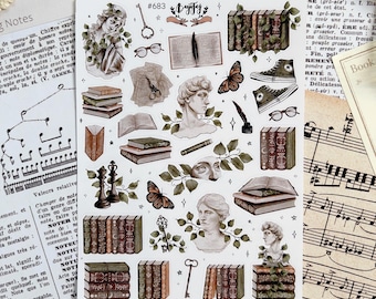 Vintage Book Sticker Sheet, Dark Academia Journal Stickers, Library Planner Stickers, Scrapbook Deco