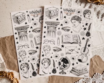 Stickerbogen „Dark Academia“, Vintage-Bücher, Skulpturen, Globus, Violine, Sticker für klassisches Art Journaling, Ästhetik schwarzer Tinte