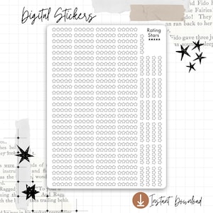 Puede incluir: Hoja de pegatinas digitales con estrellas para sistemas de calificación. La imagen incluye las palabras "Digital Stickers", "Rating Stars" e "Instant Download". Ideal para planificadores digitales.
