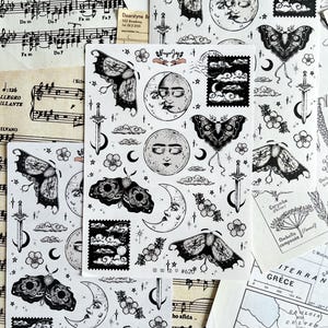Maanvlinder stickervel | 23 zelfklevende stickers voor Bullet Journal | Zwart-witte maanfasen | Heksenephemera | Bloemen | Postzegels