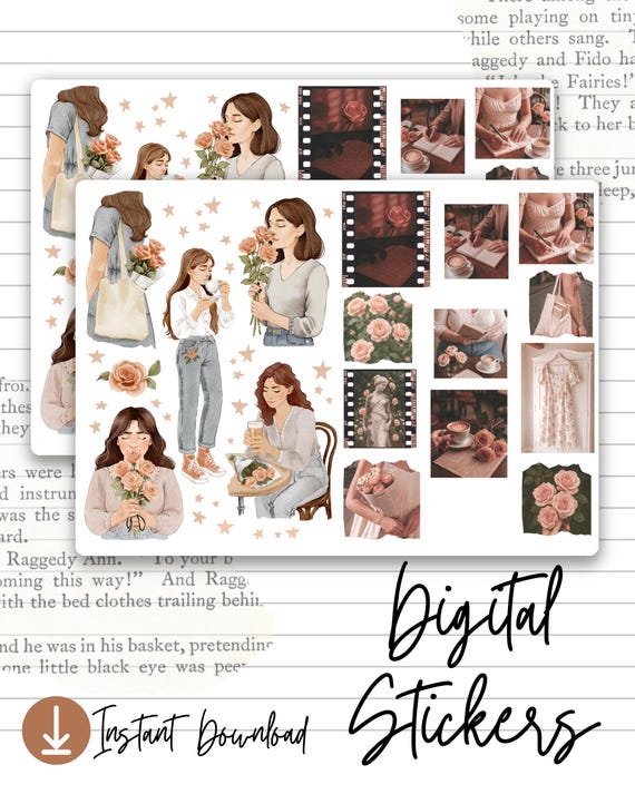 Cozy Aesthetic Digital Stickers - A4 Printable | Vintage - Inspired Girls, Flowers & Journaling | Scrapbooking | PDF, PNG, JPG, Studio3