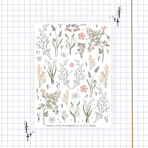 Folha de adesivos de flores selvagens | 24 Adesivos Autoadesivos para Bullet Journal | Etiquetas Adesivas para Bujo | Academia da Luz | Álbum de recortes | Vintage