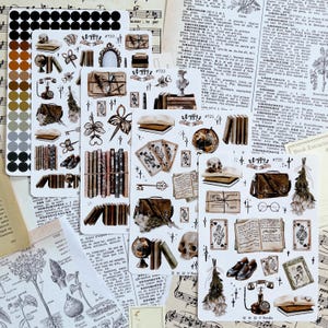 Juego de hojas de pegatinas vintage | Hoja de 5 pegatinas para Bullet Journal | Etiquetas adhesivas para Bujo | Academia oscura | Acuarelas | Bujo estético