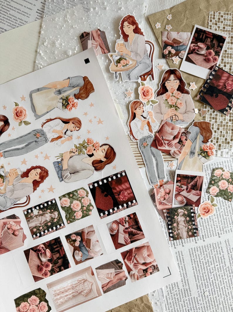 A romantic sticker sheet and cut-out elements arranged on a textured background. The sheet features watercolor-style illustrations of women holding flowers, stars, and cozy photo stickers depicting roses, books, coffee, and lace. Some stickers are already cut out and scattered nearby.