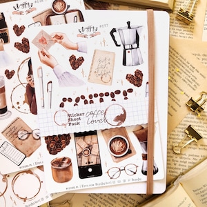 Set di fogli adesivi per amante del caffè | 5 fogli di adesivi per Bullet Journal | Etichette adesive per Bujo | Caffetteria | Acquerelli | Bujo estetico