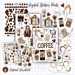 Paquete de hojas de pegatinas digitales - Amante del café | Conjunto de pegatinas Bullet Journal / Arte de café estético ? Pegatinas imprimibles para planificador | álbum de recortes