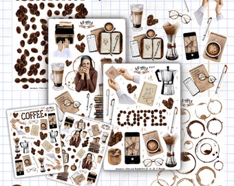 Puede incluir: Paquete de pegatinas digitales con temática de café. Las pegatinas presentan granos de café, tazas de café, cafeteras, libros, bolígrafos y otros artículos relacionados con el café. Las pegatinas están sobre un fondo blanco con acentos marrones y negros.