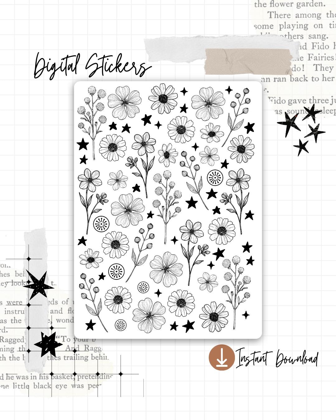 Academia Floral Line Art Stickers | Black & White Botanical Flowers ...