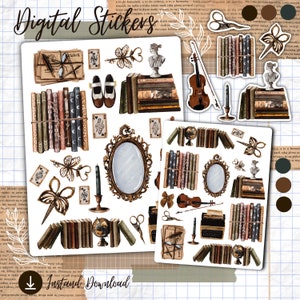 Puede incluir: Dos hojas de pegatinas digitales con ilustraciones de estilo vintage. Las pegatinas incluyen pilas de libros, un viol&iacute;n, un espejo, un busto, tijeras y otros elementos de tem&aacute;tica antigua. Las palabras "Digital Stickers" y "Justand Download" son visibles.