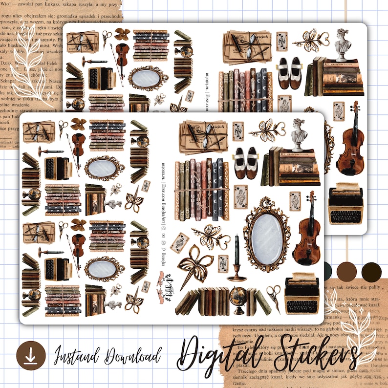Puede incluir: Dos hojas de pegatinas digitales con ilustraciones vintage de libros, violines, espejos y otros objetos antiguos. Las pegatinas tambi&eacute;n incluyen las palabras "Descarga instant&aacute;nea" y "Pegatinas digitales".