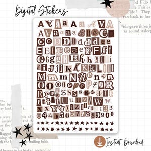 Pegatinas digitales del alfabeto vintage | Letras y números dibujados a mano | Pegatinas para títulos de Bullet Journal | PNG + Studio3