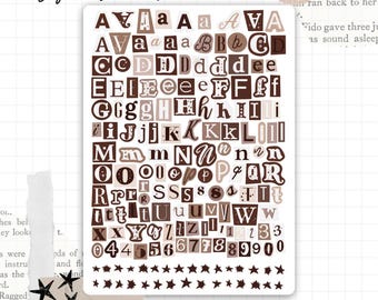 Puede incluir: Hoja de pegatinas digitales con letras, números y símbolos marrones y beige en diferentes fuentes. Las palabras "Digital Stickers" e "Instant Download" también son visibles. El diseño incluye estrellas y elementos de papel rasgado.