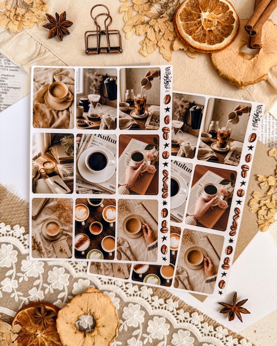 Coffee Aesthetic Photo Sticker Sheet | Cozy Neutral Grid Stickers | Cafe Lifestyle Journaling, Vintage Style Scrapbook Decor
