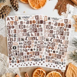 Könnte beinhalten: Zwei Bögen mit Alphabet- und Zahlenaufklebern in verschiedenen Braun- und Beigetönen. Die Aufkleber zeigen Groß- und Kleinbuchstaben sowie Zahlen. Getrocknete Orangenscheiben und Zimtstangen sind um die Aufkleber angeordnet.