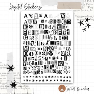 Peut inclure: Planche d'autocollants numériques avec des lettres, des chiffres et des symboles noirs et blancs de style collage. Les autocollants sont sur fond blanc, avec l'inscription "Digital Stickers" en haut. Icône "Téléchargement instantané".