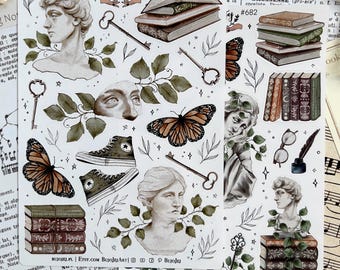 Academy Sticker Sheet |  Stickers for Bullet Journal | Stickers Labels for Bujo | Dark Academia | Watercolors | Aesthetic Books Stickers