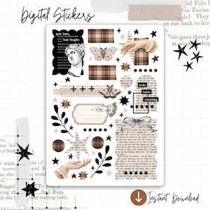 Puede incluir: Hoja de pegatinas digitales con estética vintage. Presenta ilustraciones de un busto clásico, mariposas, manos, estrellas y patrones de cuadros en tonos marrón y crema. Incluye textos como "quiet hours, loud thoughts" y "books before everything."