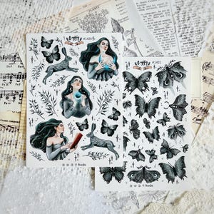 Mystische Frau oder Himmlische Motten – Dark Academia Stickerbögen für Journale & Planer | Lesejournal-Aufkleber | Fantasy-Aufkleber