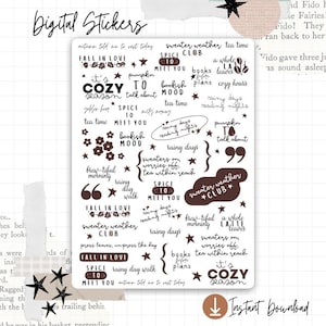 Puede incluir: Una hoja de pegatinas digitales con frases y gráficos con temática otoñal. Las pegatinas incluyen texto como "Cozy Season", "Sweater Weather" y "Fall in Love", junto con estrellas y detalles florales. La combinación de colores es marrón y blanco.