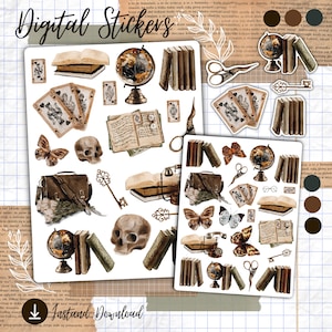 Puede incluir: Pegatinas digitales con ilustraciones de estilo vintage. Las pegatinas incluyen libros, globos terr&aacute;queos, naipes, mariposas, calaveras, llaves, tijeras y un bolso. La paleta de colores es principalmente marr&oacute;n y beige.