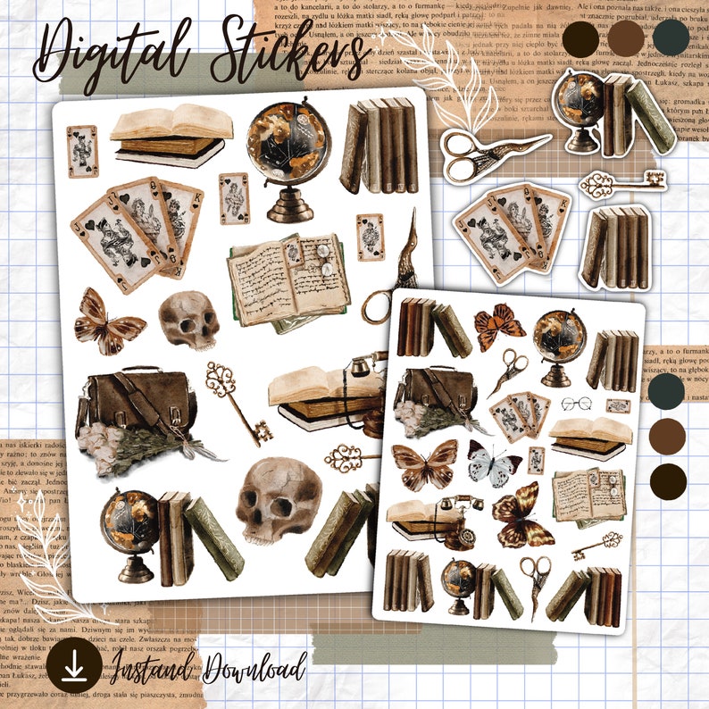 Puede incluir: Pegatinas digitales con ilustraciones de estilo vintage. Las pegatinas incluyen libros, globos terr&aacute;queos, naipes, mariposas, calaveras, llaves, tijeras y un bolso. La paleta de colores es principalmente marr&oacute;n y beige.
