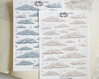 Celestial Cloud Sticker Sheet – 45 Stickers | Moons, Stars and Vintage Clouds | Blue or Beige Variants | For Bujo & Scrapbooking