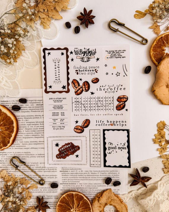 Coffee Journaling Sticker Sheet – Neutral Aesthetic Planner Stickers | Vintage Coffee Labels | Scrapbook Ephemera Style Stickers