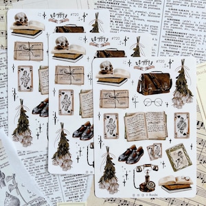 feuille d’autocollants vintage |  Autocollants pour Bullet Journal | Étiquettes autocollantes pour Bujo | Académie sombre | Aquarelles | Autocollants de livres esthétiques