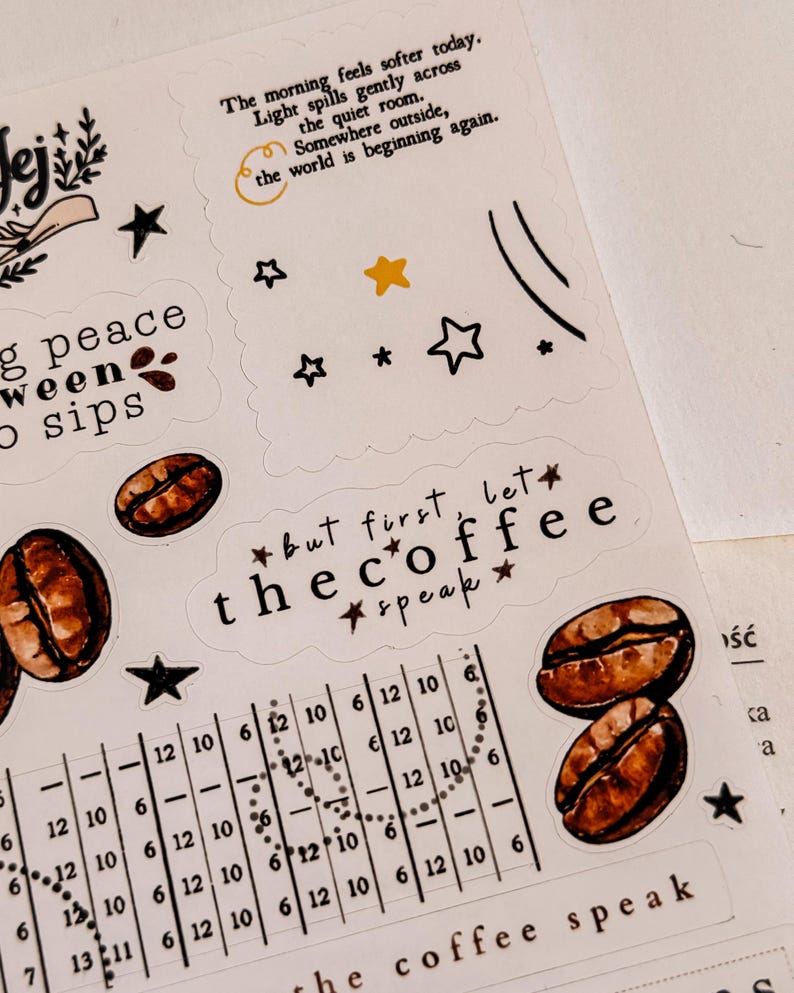 May include: A sheet of decorative stickers with coffee-themed designs. Includes coffee beans, stars, and phrases like "but first, let the coffee speak." The stickers have a handwritten aesthetic with a neutral color palette.