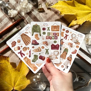 Ensemble de feuilles d'autocollants Cozy Outfit | Ensemble de mini-feuilles d'autocollants | Planche de 3 autocollants pour Bullet Journal | Étiquettes autocollantes pour Bujo | Autocollant d'automne douillet