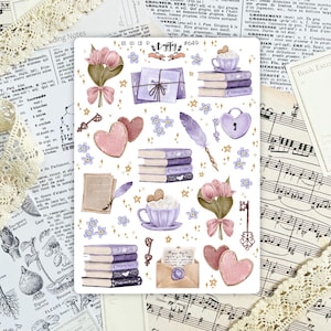 Folha de adesivos para o Dia dos Namorados | 26 adesivos autoadesivos para Bullet Journal | Etiquetas adesivas para Bujo | Cartas de Amor | Adesivos para amantes de livros