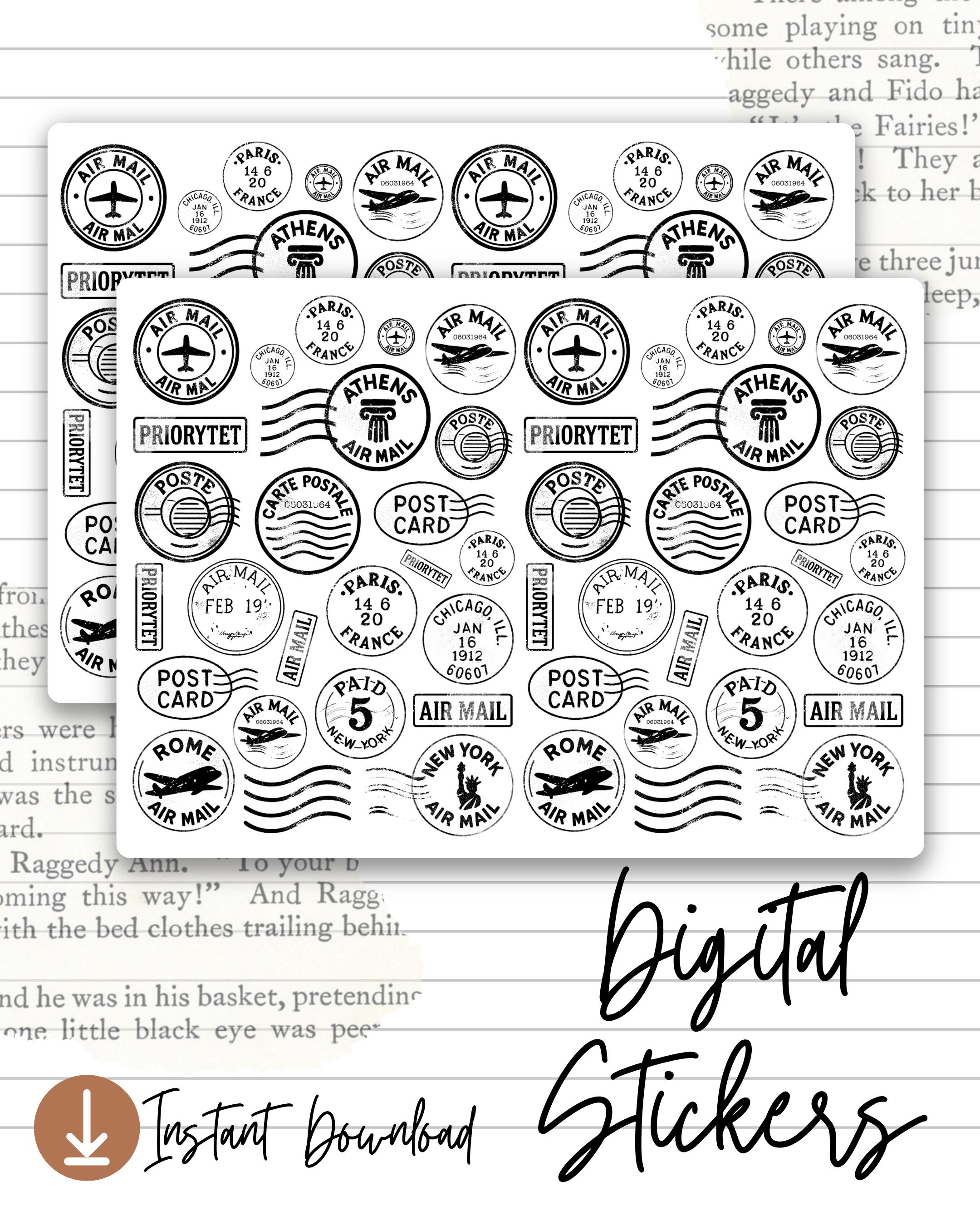 Mail Post Sticker Vintage Postal Stamp Digital Stickers - A4 Printable Air Mail ...