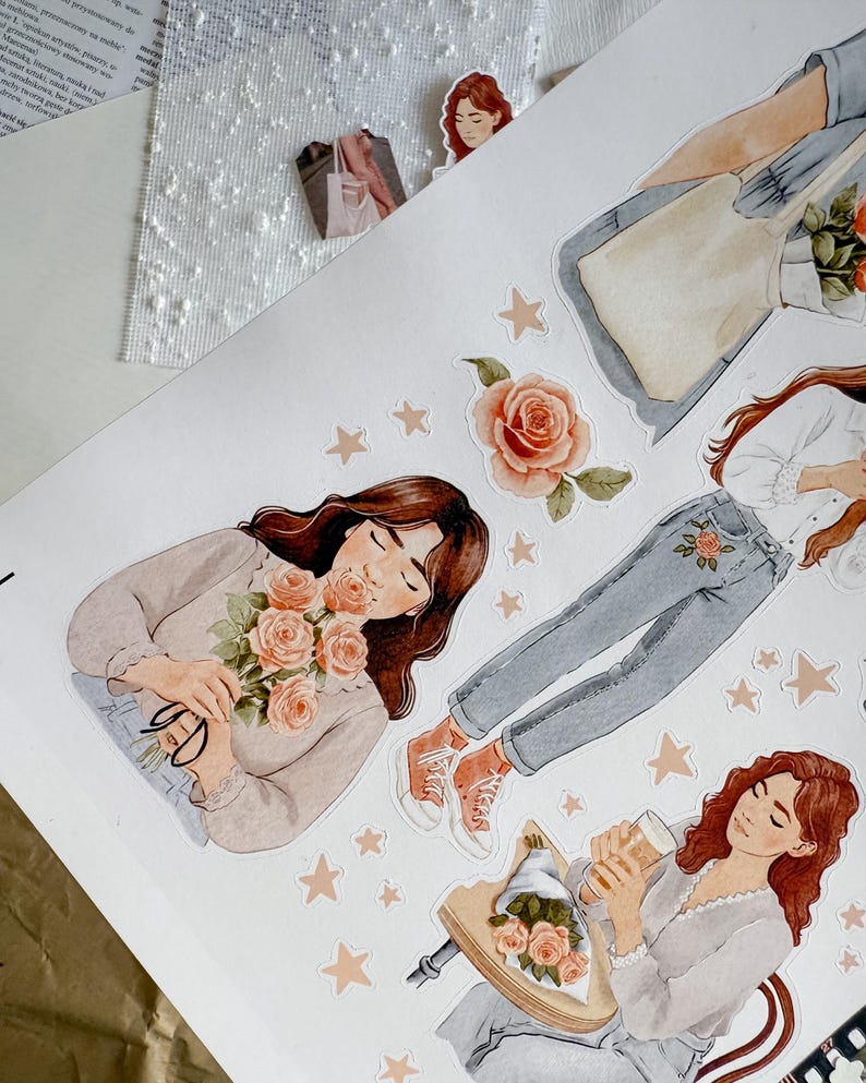 A close-up of the sticker sheet, showing detailed watercolor illustrations of women with soft expressions holding peach-colored roses. Surrounding them are tiny stars and floral stickers in warm, muted tones.