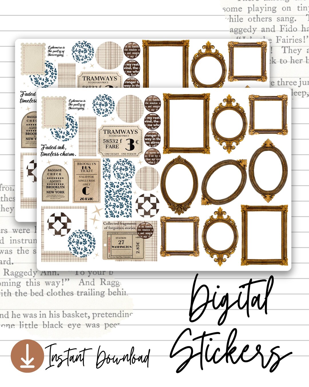 Vintage Frame & Ephemera Digital Stickers - A4 Printable Collage ...