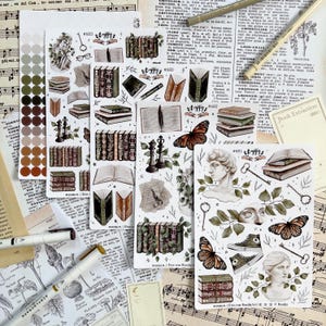 Set di fogli di adesivi Academy | Foglio di 5 adesivi per Bullet Journal | Adesivi per il diario | Accademia Oscura | Libri e sculture | Bujo estetico